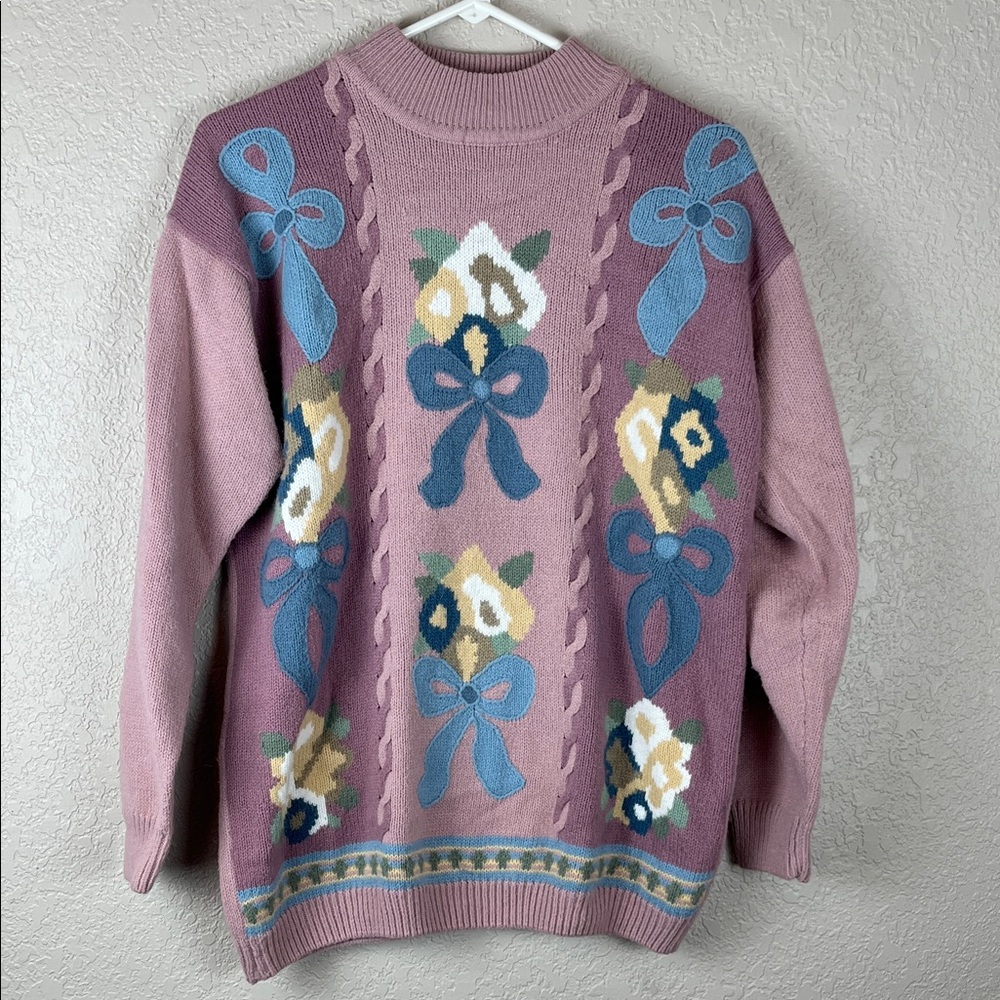 Alfred Dunner Floral Pink Sweater Vintage Grandma Embroidered Medium